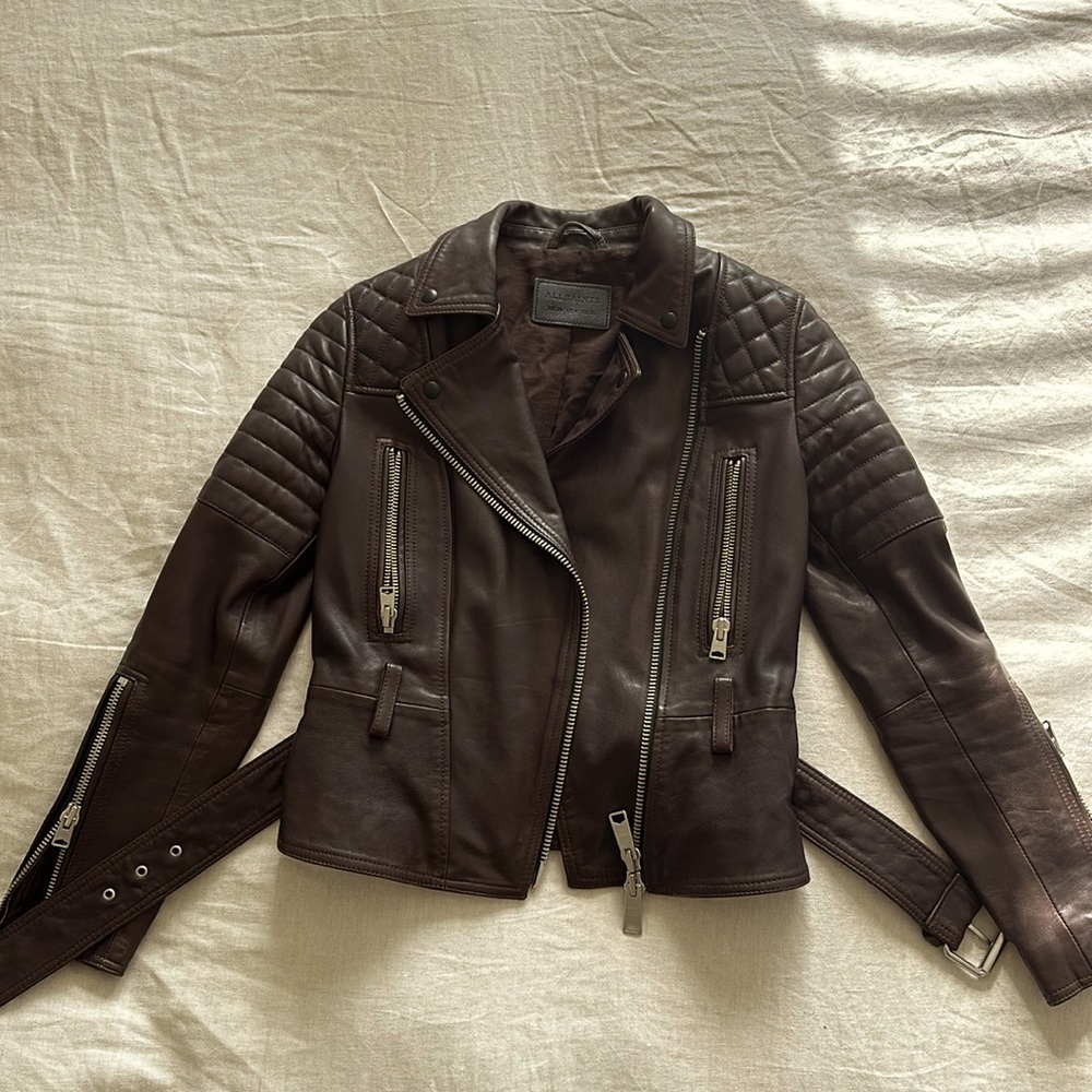 AllSaints Dark Brown Leather Belted Jacket